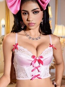 FairyFlirt Pink Satin Lace Patchwork Contrast Bow Decor Cute Sweet Lingerie Bra, Suitable For Vacation & Party - Pink - View 3