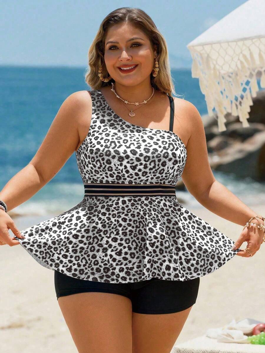 Swim Lushoire Plus Size Women 2pcs Leopard Print Swimsuit Set, Thick Strap Waist Ruffle Trim Tankini Swimwear For Summer Beach Vacation