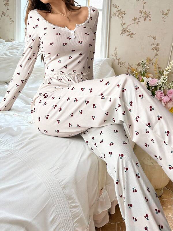 CottageSlumber Cherry Print Half-Buttoned Long Sleeve Top And Pants Pajama Set Holiday Season