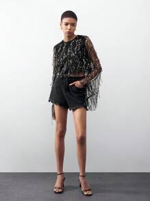 Maija Women's Sparkle Sequined Mesh Top With Flare Sleeves, Perfect For Parties,Autumn Outfits For Women, Christmas Women's Clothing