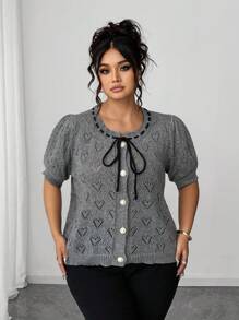 Elenzga Áo len cardigan dệt kim tay phồng khoét lỗ phía trước cỡ lớn cho nữ - Xám - Xem 5