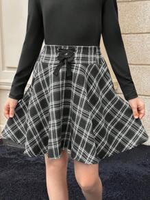 SHEIN 青少年女孩格子印花系带高腰喇叭裙 - 黑色 - 查看 2
