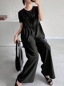 FRIFUL 女士纯色深灰色抽绳褶皱两件套，百搭商务休闲装，适合节日穿着