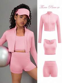 SHEIN Girlism Bộ 3 món áo thun dài tay cổ khóa kéo, áo vest và quần legging cho bé gái tuổi teen - Trang phục thể thao - Hồng - Xem 8