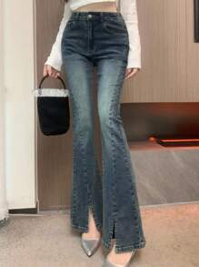 Dazy Tall Jeans de talle alto y acampanados informales con abertura para mujer alta, sexy y con estilo - Azul lavado medio - Ver 4