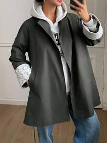 DAZY 女士蕾丝花边袖口收腰中长立领休闲风衣女式夹克，秋季女装 - 深灰色 - 查看 4