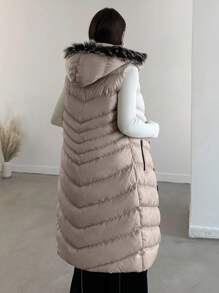 EURMUSE Casaco De Inverno Feminino Longo Com Capuz, Sem Mangas, Com Zíper Frontal - Bege - Ver 2