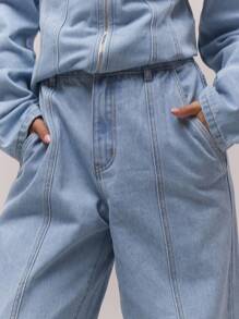 MUSERA Washed Bleached Balloon Fit Denim Jeans Co-Ord Bottoms Only Old Money Cute Country Cottage Core Back To School Casual For Women Butterscotch Office Work Everyday Winter Chic Spring Summer - Baby Blue - View 5