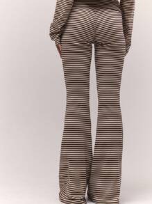 MUSERA 翻折腰带按扣细节喇叭条纹裤，复古乡村风，可爱田园风，返校休闲居家必备，女士奶油糖色休闲裤，夏季运动裤 - 彩色 - 查看 4