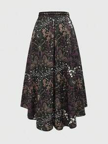 ROMWE Summer Outfits 2pcs Women's Vacation Gothic Sun & Moon Embroidery Camisole + Allover Print Skirt Set - Purple - View 4