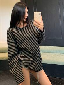 DAZY Loose Striped Color-Block Panel Long Sleeve Long Tee For Women Preppy Tops,Fall Women Clothes - Grey - View 1