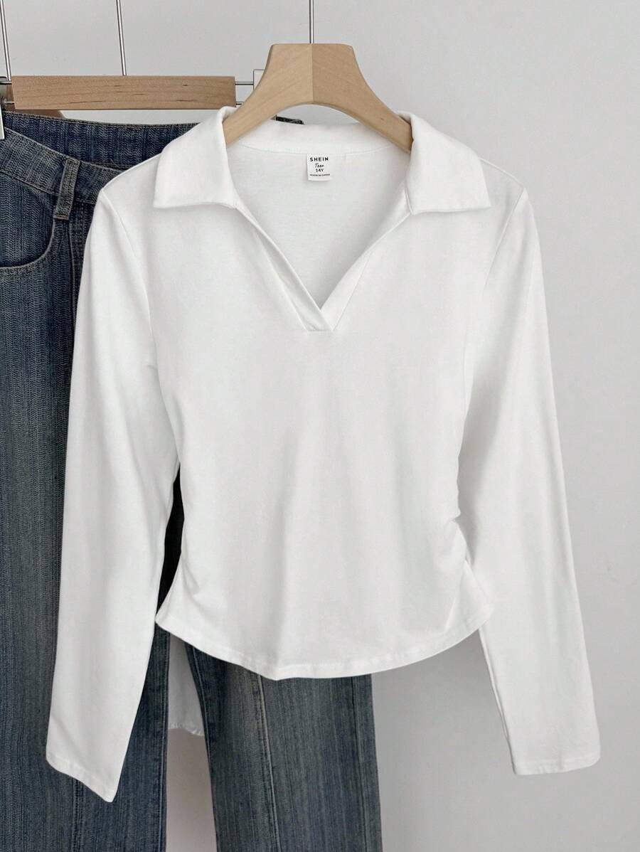 SHEIN 少女白色百搭方形 V 领长袖 T 恤，设计师风格，夏季休闲 Polo 衫，齐腰长款，修身剪裁，干净的女孩 - 白色 - 查看 1