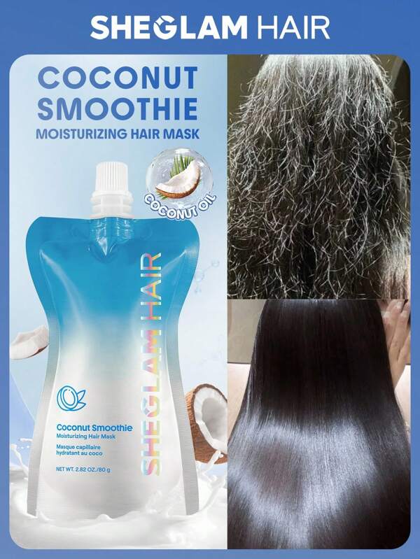 SHEGLAM HAIR Masque capillaire hydratant au smoothie de noix de coco, éclat durable, réduit les frisottis, améliore la brillance et la brillance, désaltère les cheveux assoiffés, améliore l'élasticité et la souplesse, dompte les frisottis et les cheveux rebelles, restaure la brillance et la douceur, arôme laiteux durable pour tous types de cheveux