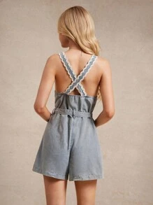 WESTFADE 肩带纽扣前领结腰带 Ric Rac 波浪边棉混纺牛仔无袖连体衣夏季波西米亚牛仔女郎纳什维尔乡村音乐会 - 淺色水洗藍 - 查看 2