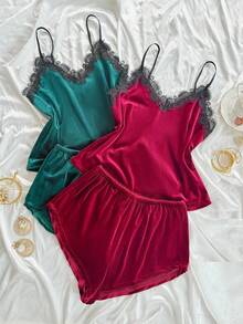 SilkySpell 女士 V 领性感吊带背心、短裤、时尚天鹅绒睡衣套装，双色组合 - 彩色 - 查看 4