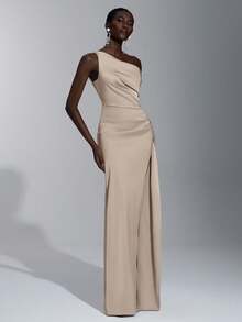 SHEIN Belle 优雅、浪漫、性感、简约、浅黄色、缎面、有弹性、露背、荷叶边、紧身、高开衩、时尚、网红风格、适合节日、度假、生日派对、婚礼、伴娘礼服 - 卡其色 - 查看 7