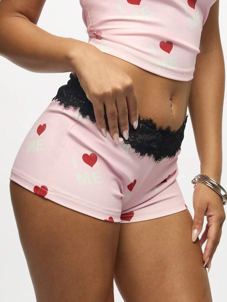 SUMWON WOMEN Heart Print Hot Pants With Black Lace Trim