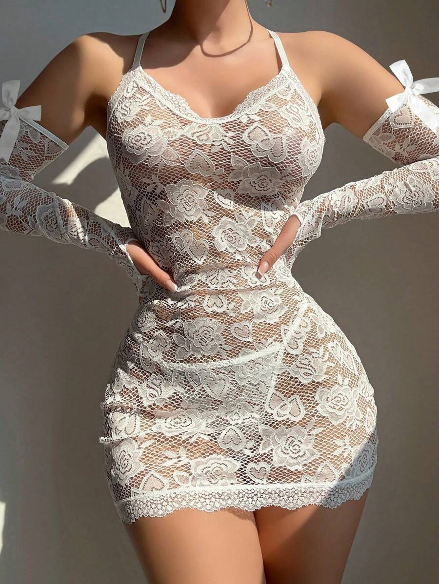 4pcs/Set Wedding Season Lace Nightgown Babydoll + G-String + Bow Decor Gloves Bowknot - White - View 1