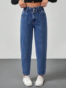 SHEIN Tall 女士牛仔裤休闲修身锥形裤宽腰蓝色牛仔裤高腰女式牛仔裤女式裤子冬季女式裤子牛仔服装 - 中等水洗藍 - 查看 4