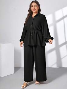 SHEIN Essnce Plus Size Women's Spring And Summer Fashion Casual Loose Comfortable Daily Cool Fabric Apricot Long Sleeve Button Waist Shirt And Wide Leg Pants Two Pieces Set, Conservative Clothing, Pants Set