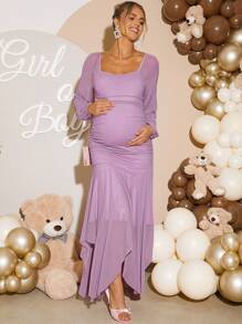 Loomaby Đầm bầu màu trơn cổ vuông tay đèn lồng viền đuôi cá nhún bèo thanh lịch - Màu tím - Xem 6