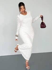 Firerie 大码女式白色浪漫优雅蕾丝提花长袖收腰鱼尾下摆长裙，优雅/办公室/度假/派对/约会/情人节/音乐会/表演/正式/高端宴会/舞会/婚礼季/性感/优雅/通勤/返校/度假/海滩/优雅浪漫/办公室美女/美人鱼风格/生日派对礼服