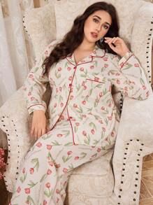 CottageSlumber Floral Print Lapel Top & Pants Plus Size Pajama Set Women Pajama Set Floral Pajama Set Sleepwear, Fall Winter Clothes - Multicolor - View 2