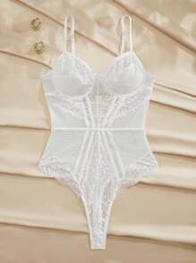 Charlaine Contrast Lace Mesh Underwire Teddy Bodysuit Lingerie UnderwearOuter - White - View 6