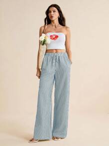 SHEIN Tall 女休闲条纹宽松阔腿抽绳裤蓝色直筒裤女阔腿裤条纹阔腿裤夏季阔腿裤女条纹裤女夏季裤女夏季裤蓝白条纹裤夏季条纹裤女阔腿裤