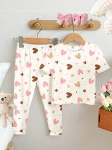 SHEIN 女婴休闲卡通印花紧身圆领短袖 T 恤和打底裤家居服套装，适合夏季 - 彩色 - 查看 3