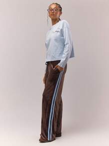 MUSERA 宽腿侧条纹丝绒厚腰带低腰慢跑裤，复古乡村风，可爱田园风，返校休闲家居裤，女士奶油糖色冬季休闲运动裤 - 摩卡棕 - 查看 2