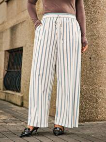 EMERY ROSE Quần ống rộng thắt eo kẻ sọc thường ngày cỡ lớn dành cho nữ - Màu be - Xem 6