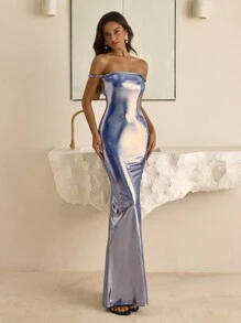 Vowa Millennium Babe 全息奶油色闪亮蓝色紧身裙，适合派对、联欢晚会、舞会、音乐节和其他女性场合 - 藍色 - 查看 5