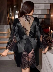 SilkySpell Plus Size Hollow Sexy Lace Backless Jacket, High-End Satin Comfortable Extremely Alluring Women Robe - Black - View 1