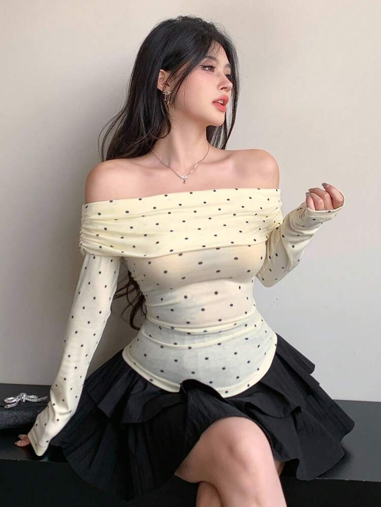 Fitted Sexy Polka Dot & Cream Yellow Base Off Shoulder Long Sleeve T-Shirt For Women, Suitable For Spring, Summer, Autumn,Fall Women Clothes