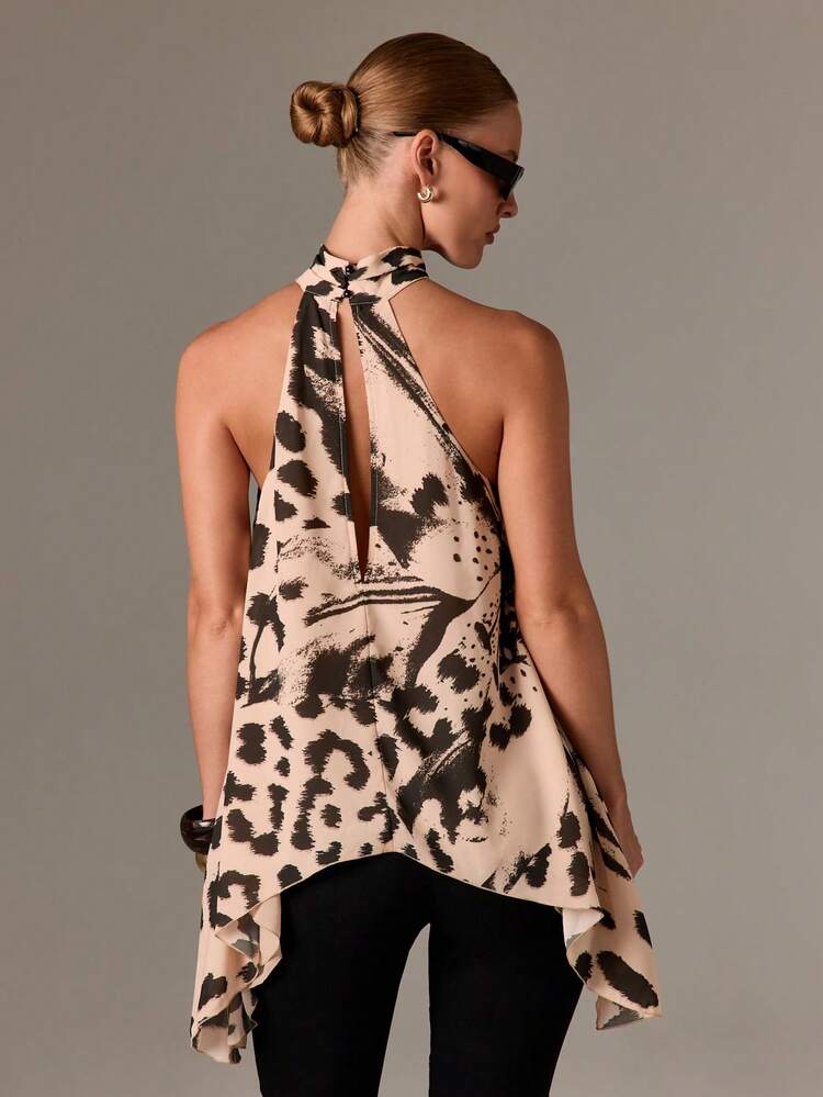 Asymmetric Leopard Print High Neck Tank Top