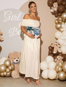 Loomaby 优雅花卉印花露肩孕妇派对连衣裙 - 米色 - 查看 1