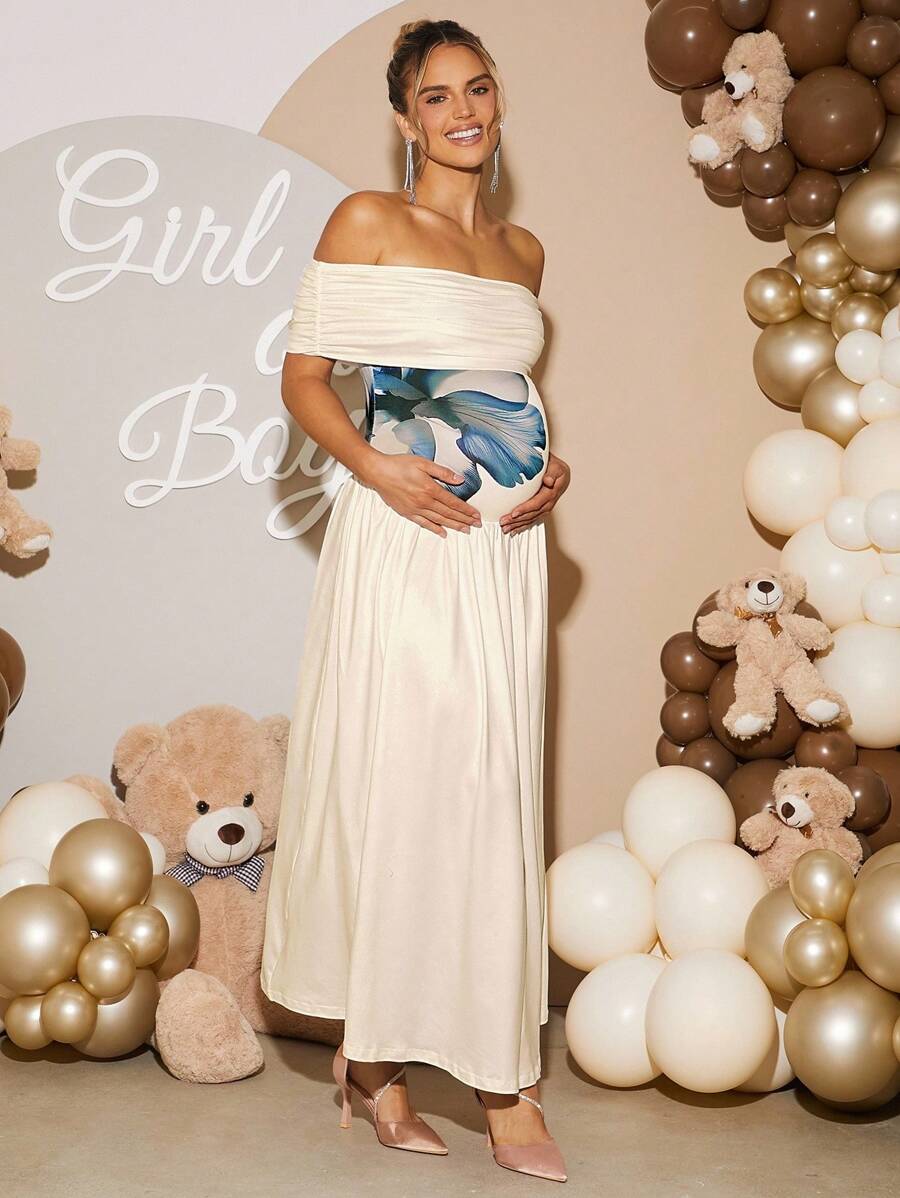 Loomaby 优雅花卉印花露肩孕妇派对连衣裙 - 米色 - 查看 1
