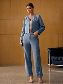 MOTF PREMIUM SUEDE RHINESTONE DETAIL BUTTON UP JACKET - Blue - View 4