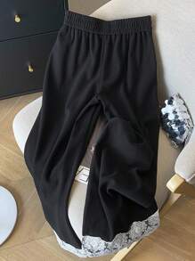 SHEIN 女式宽松直筒裤，蕾丝边下摆 - 黑色 - 查看 2