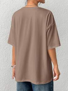 INAWLY Women's Letter Print Loose Round Neck Short Sleeve T-Shirt, Summer - Khaki - View 2