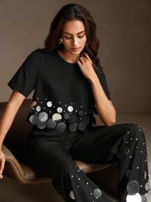 Anewsta Sequin Beaded Party Crop Top, Short Sleeve - Black - View 7