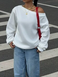 Muchica 女装秋季新款纯白色宽松露肩保暖内衬女式运动衫，适合日常街头穿着 - 白色 - 查看 5