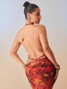 Hauture Áo ba lỗ xếp nếp họa tiết động vật trừu tượng có thể chuyển đổi có đính hạt cho tiệc đêm hè gợi cảm - Nhiều màu - Xem 5