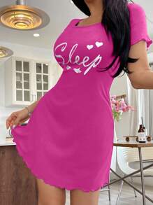 SHEIN 女士休闲情书印花短袖睡袍，ins风，夏季 - 玫紅色 - 查看 6