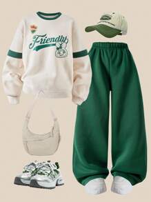 SHEIN 2pcs/Set Girls Casual Loose Drop Shoulder Sweatshirt And Wide Leg Pants, Autumn/Winter Fall