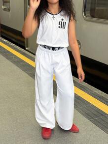 SHEIN Explorewe Conjunto informal de top de tirantes con estampado de números y pantalones palazzo para niña preadolescente - Blanco - Ver 6