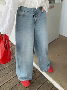 Dazy Plus Jeans rectos de pierna larga con diseño de solapa en ángulo y lavado claro, para todas las estaciones - Lavado ligero - Ver 8