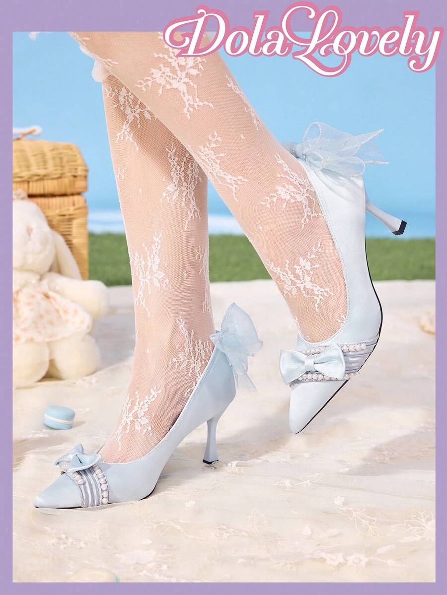 Dola Lovely 女士蓝色尖头可爱高跟鞋,蝴蝶花仿珍珠蕾丝和珍珠,浪漫礼物,适合派对、圣诞节、万圣节和其他场合 - 藍色 - 查看 1