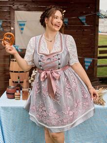 SHEIN Frenchy Plus Size Women Tie-Up Design Applique Mesh Hem Sleeveless Elegant Dirndl, German, Oktoberfest, Traditional Dress,Fall Clothes For Women - Multicolor - View 5